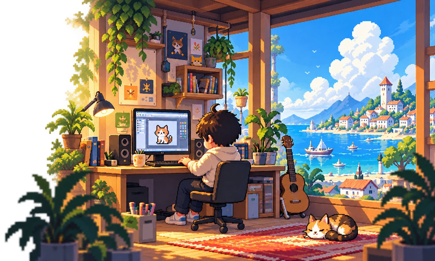 海边工作室里的创作者，窗外是蓝色海湾与远处的城堡